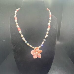 Pink Glass Flower Necklace Crystal Beads Glass Pearls Floral Pendant